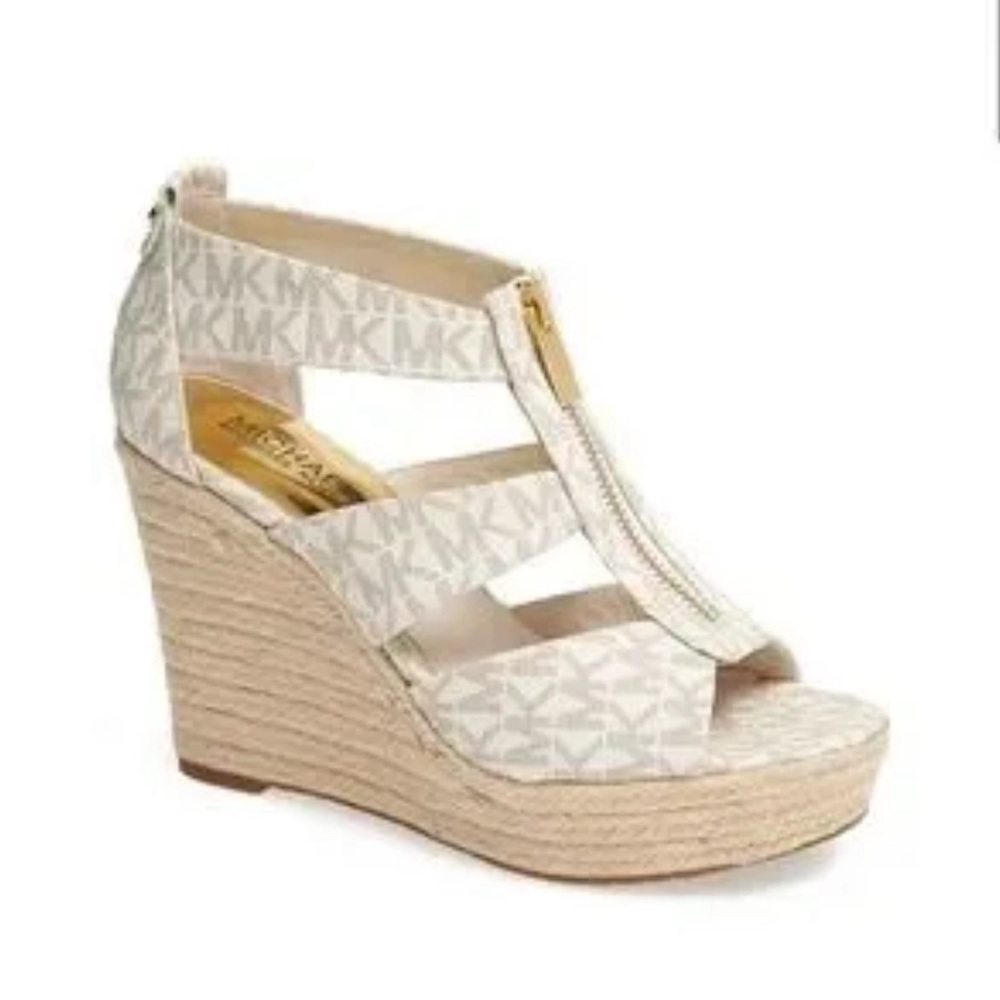 Michael Kors signature MK logo espadrille wedge leather zip up sandal size 7